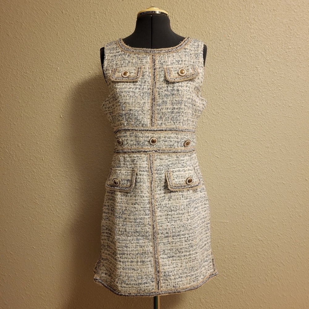 ZIE White/Blue/Cream/Metallic Gold Tweed Dress Size Medium